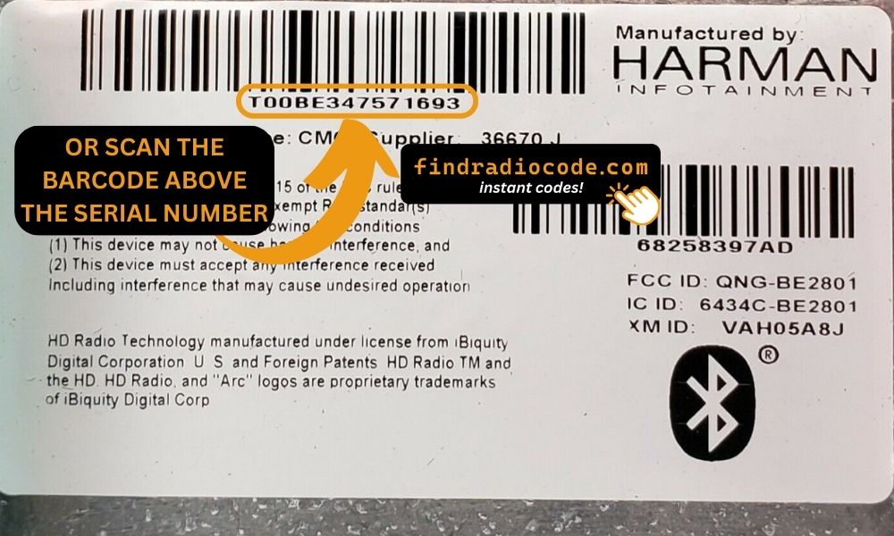 Harman Uconnect T00BE radio serial-number label that pairs the unit to the car over CanBUS
